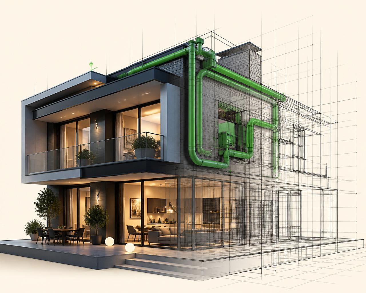 Maison contemporaine avec système VMC intégré, vue architecturale