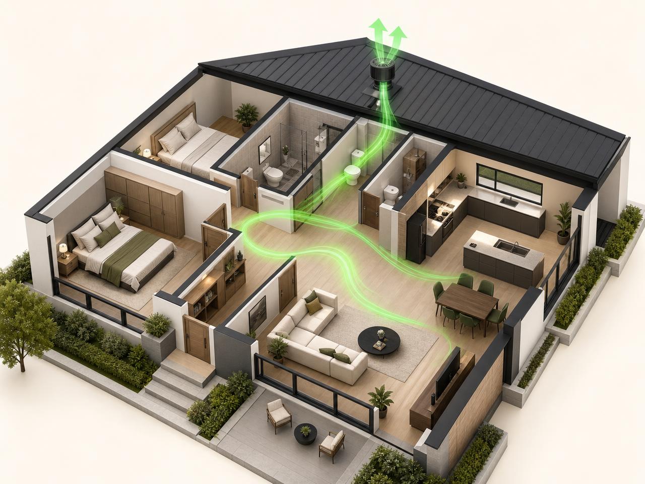 Vue 3D en coupe d'une maison individuelle : l'air neuf entre par le séjour et les chambres, transite vers la cuisine, la salle de bains et les WC, puis est extrait en toiture.